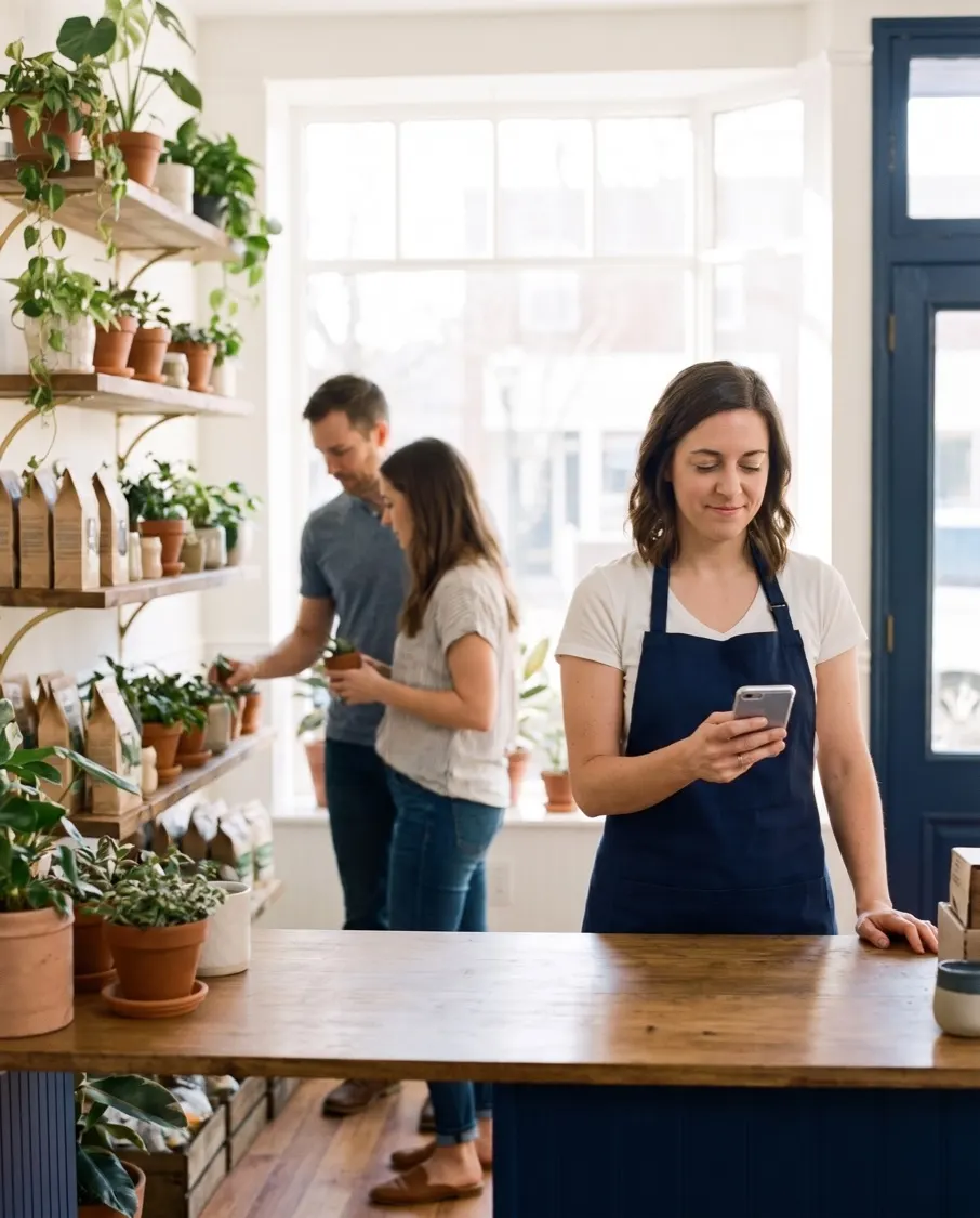 Los clientes recorren los estantes mientras la dueña revisa un mensaje nuevo en su celular