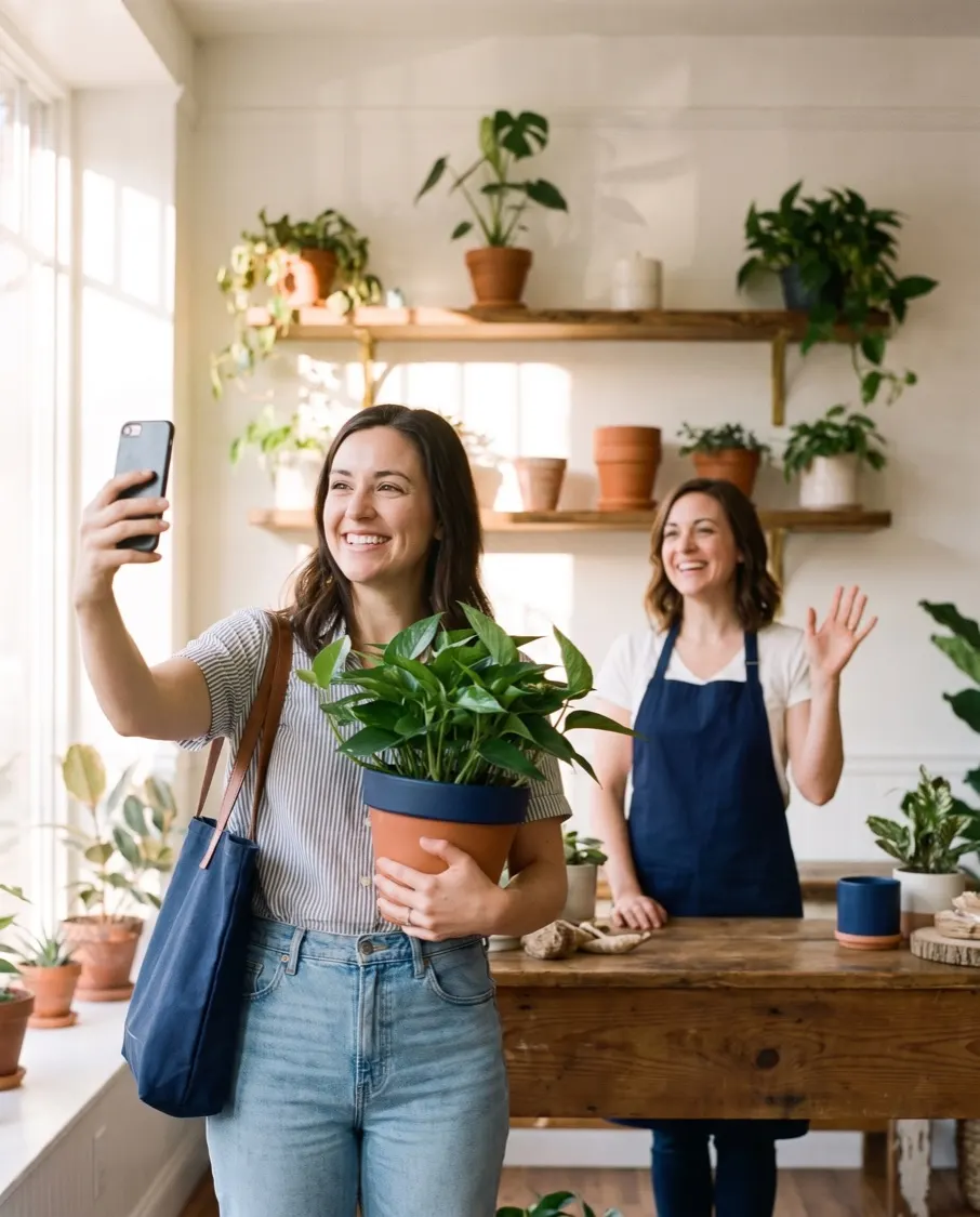 Una clienta se toma una selfie con su planta nueva mientras la dueña saluda desde el mostrador