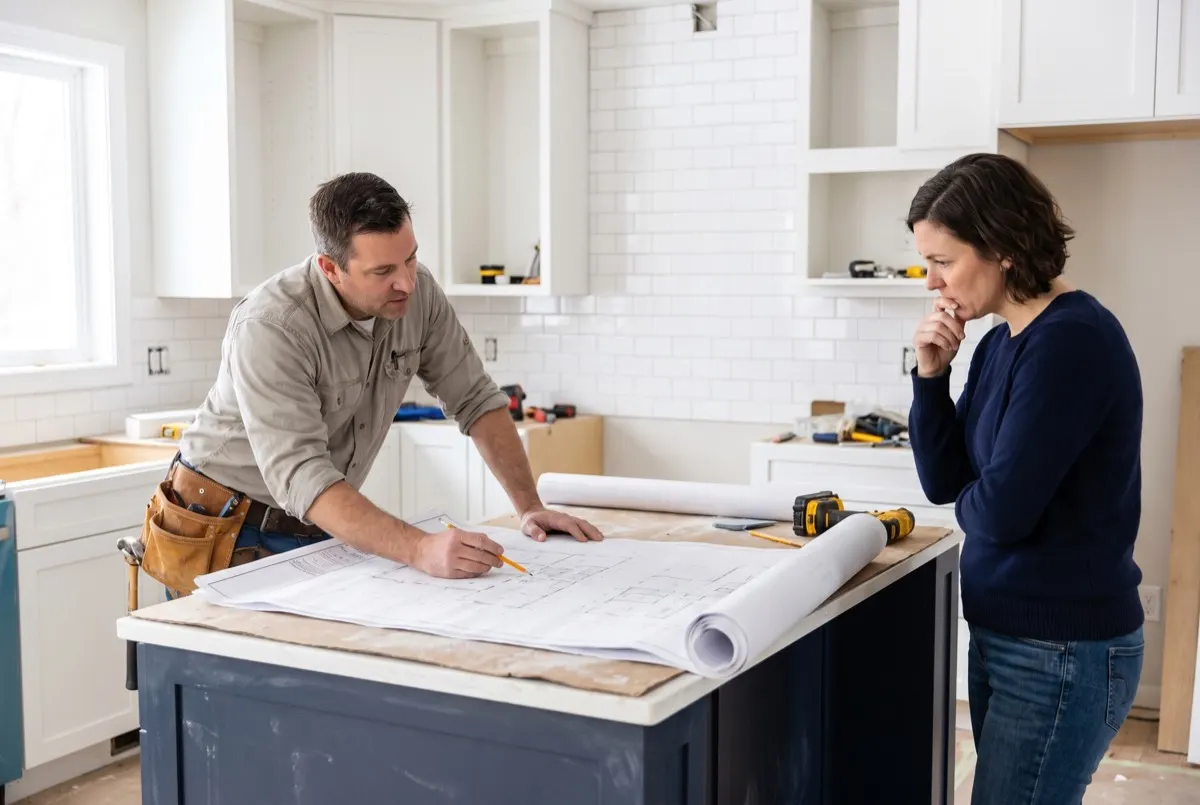 Un contratista y el dueño de la casa revisan los planos en una cocina en remodelación