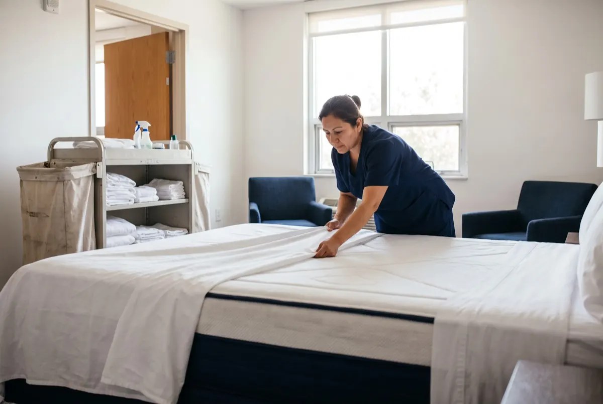 Tendiendo una cama con sábanas blancas en un hotel