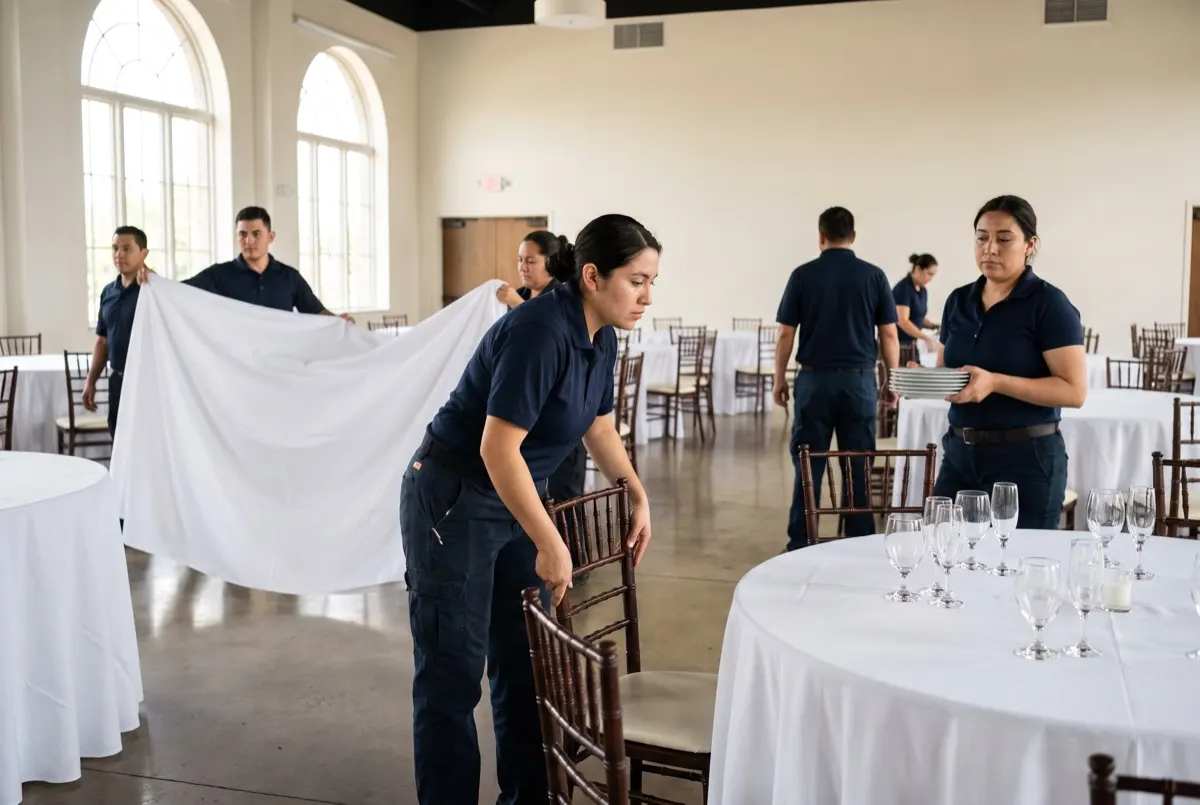 Personal de eventos montando las mesas de un banquete antes de que lleguen los invitados