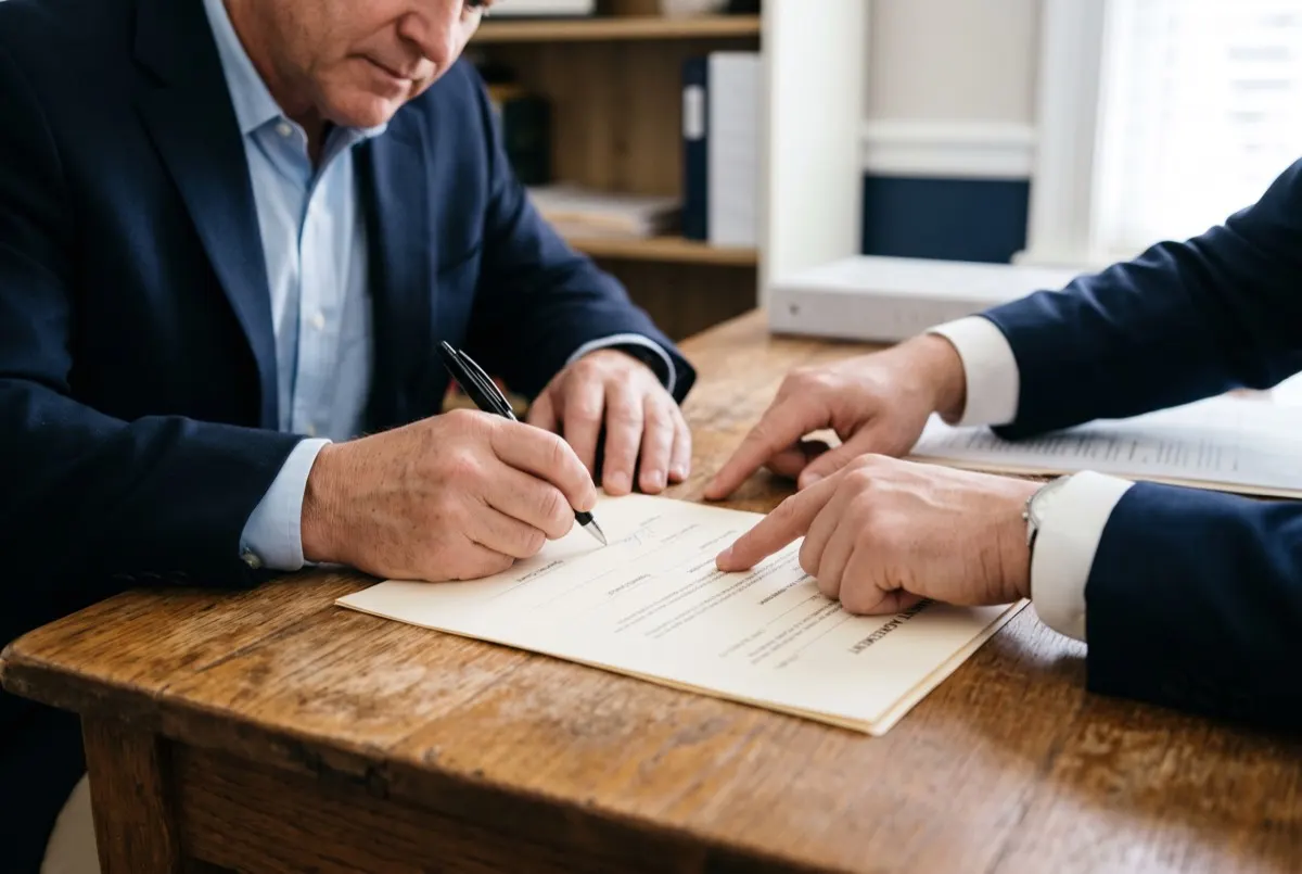 La firma de un documento, con el abogado señalando la línea