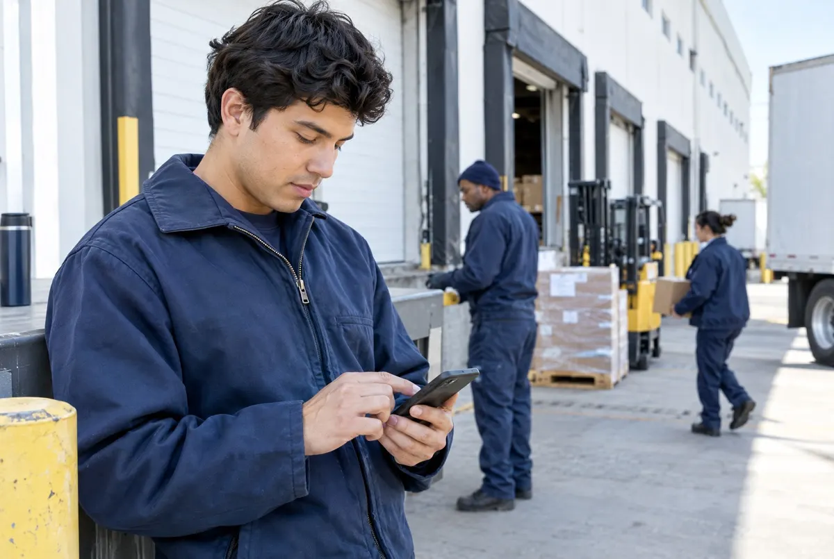 Un trabajador de almacén llena una solicitud de empleo en su celular durante un descanso en el muelle de carga