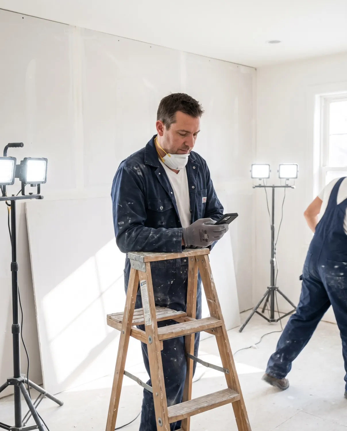 Un contratista en una remodelación se detiene en una escalera para leer en su celular el mensaje de un cliente nuevo
