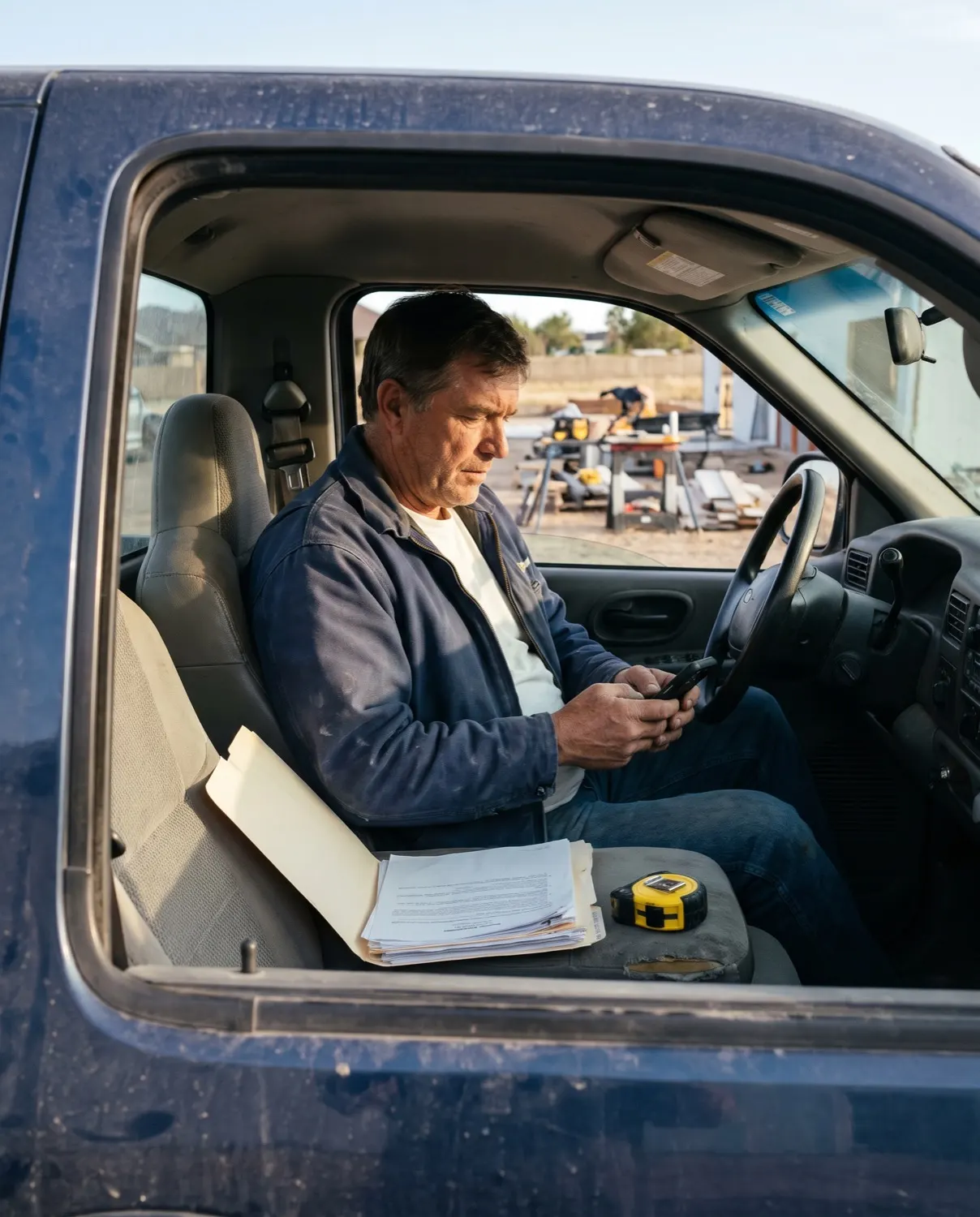 A contractor in his pickup truck goes through estimates on his phone at the end of the day