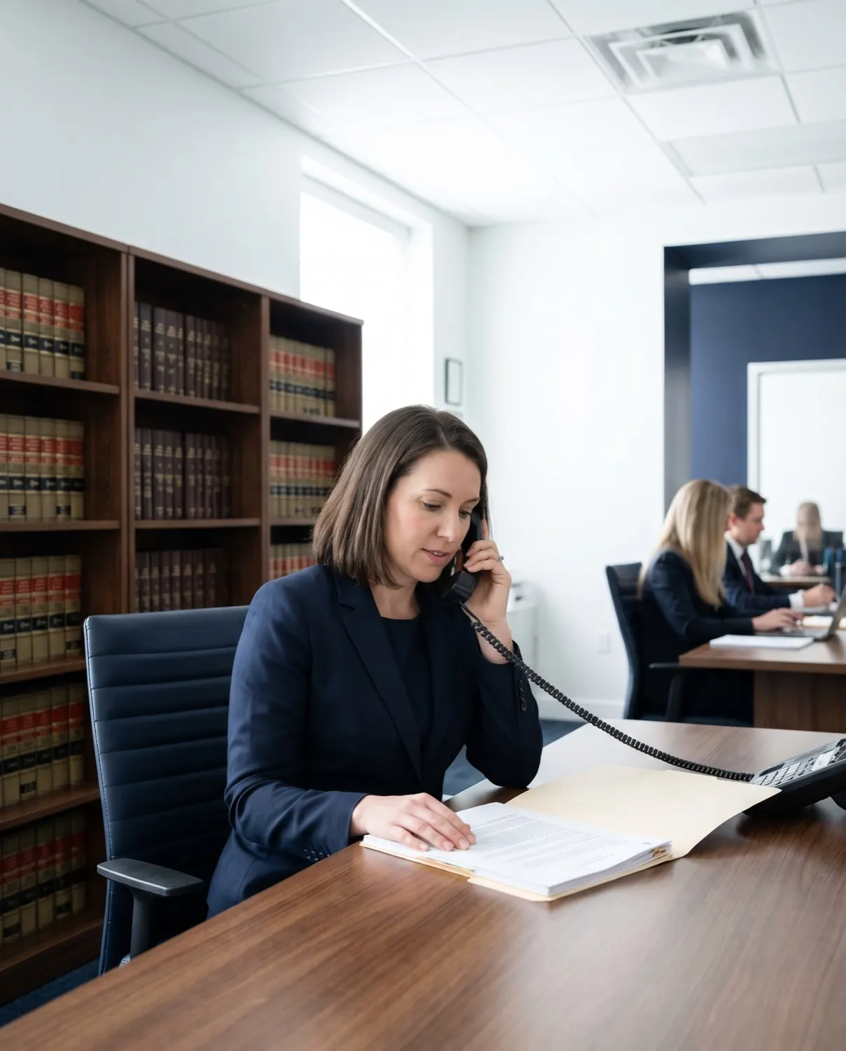 A lawyer returns a phone call at her desk with a client file open in front of her
