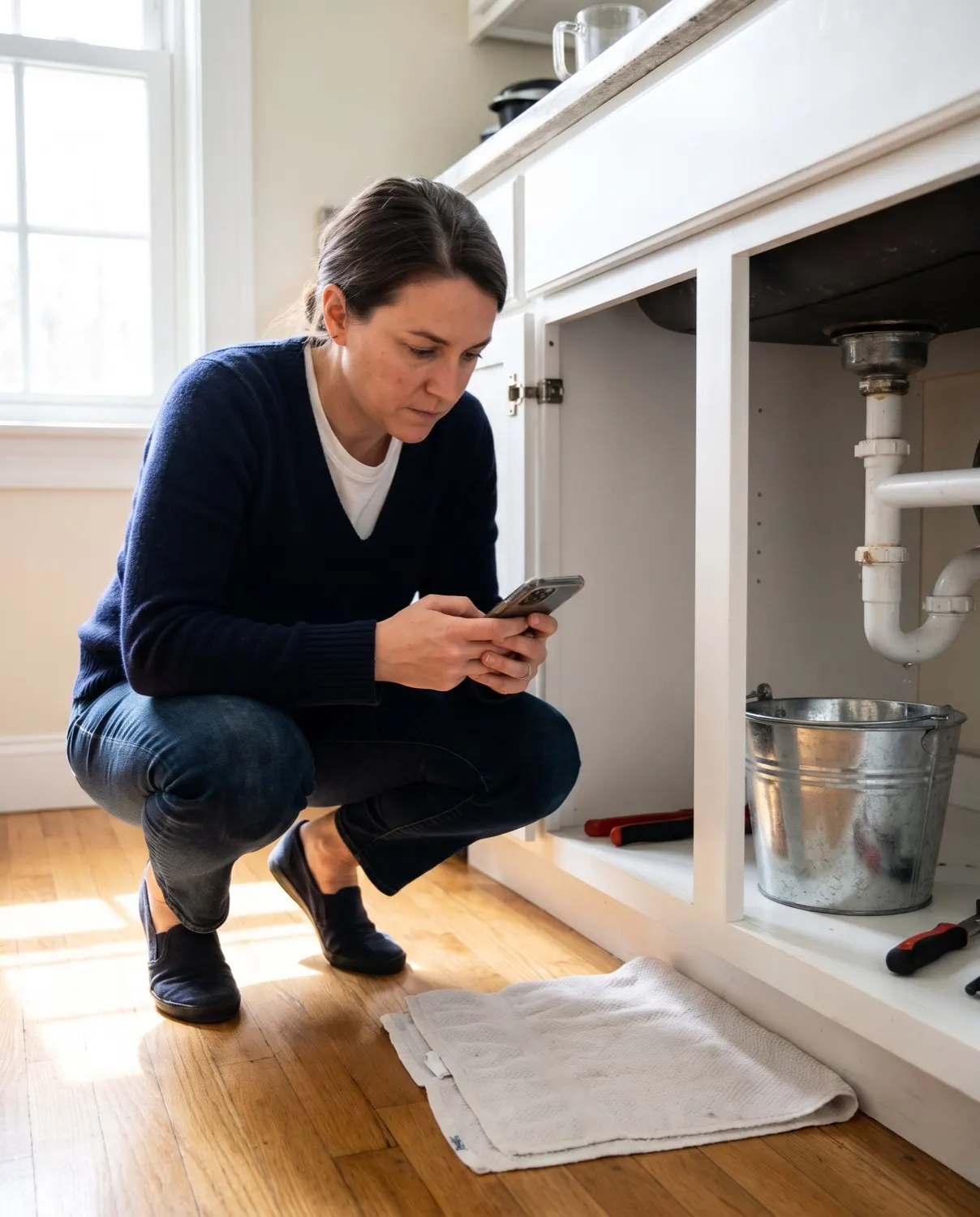 A homeowner crouches by a leaking pipe under her kitchen sink and searches on her phone