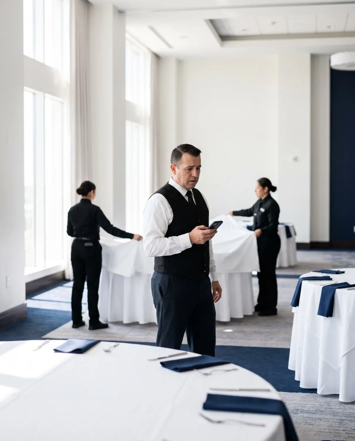 Un capitán de banquetes revisa los turnos en su celular en el salón de un hotel donde solo hay unas pocas mesas puestas
