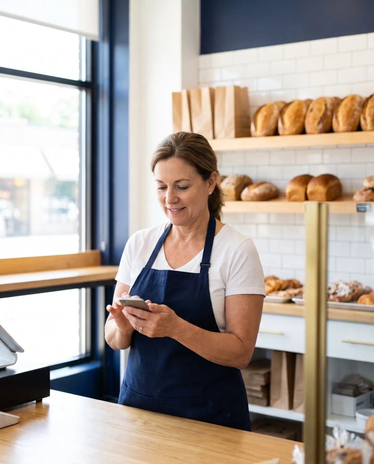 La dueña de una panadería le contesta a un cliente en su celular detrás del mostrador, justo lo que hace un agente de IA para WhatsApp